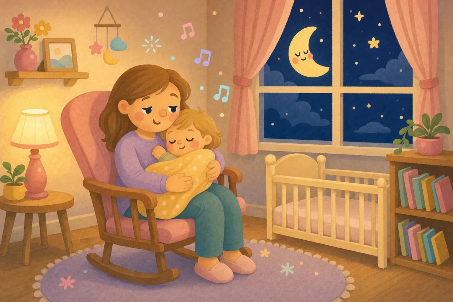 Cartoon illustration of a parent rocking a sleepy toddler in a nursery at night while singing softly, with the moon and stars outside the window