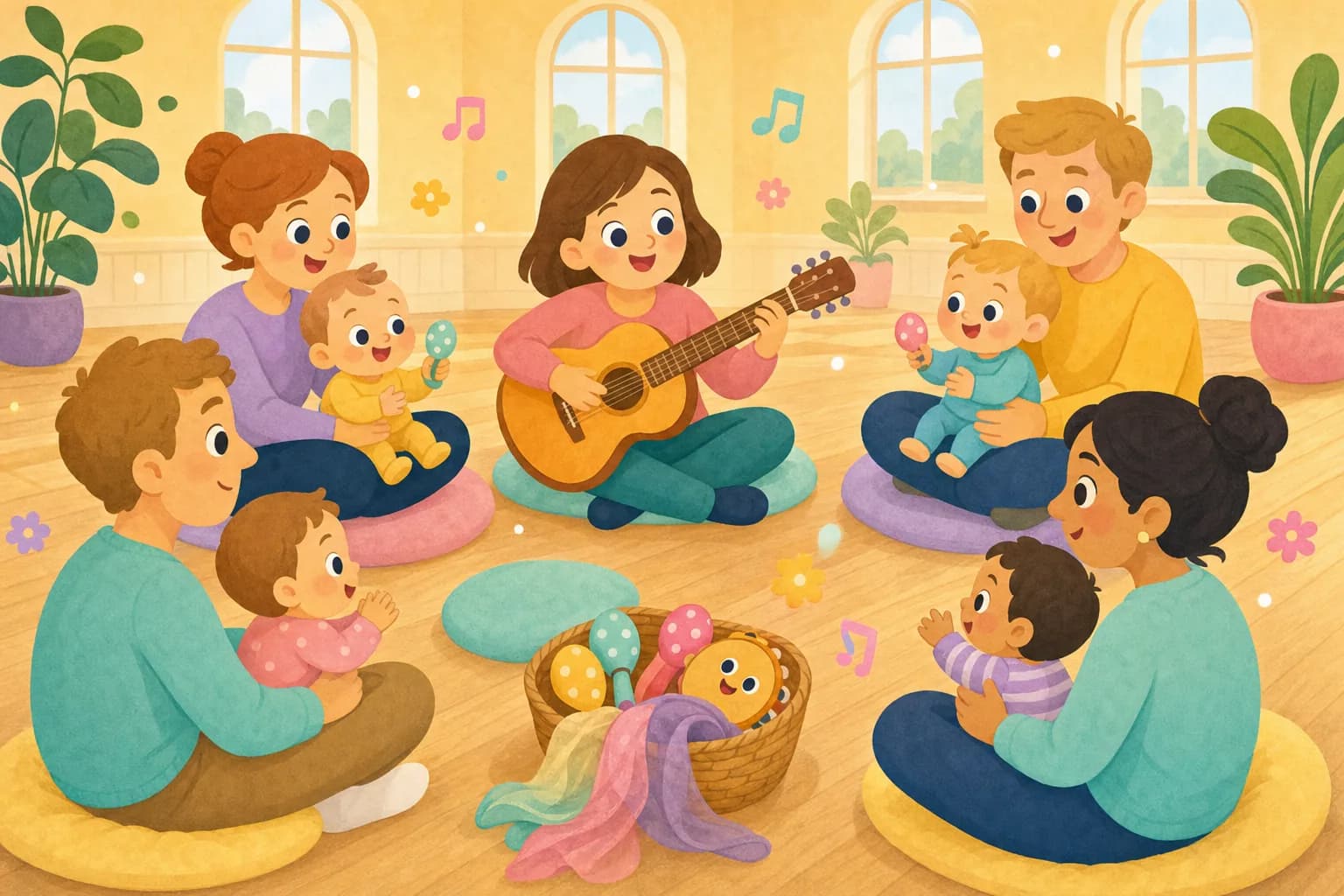 Cartoon illustration of a music teacher playing guitar to a circle of parents with babies on their laps in a sunny community hall
