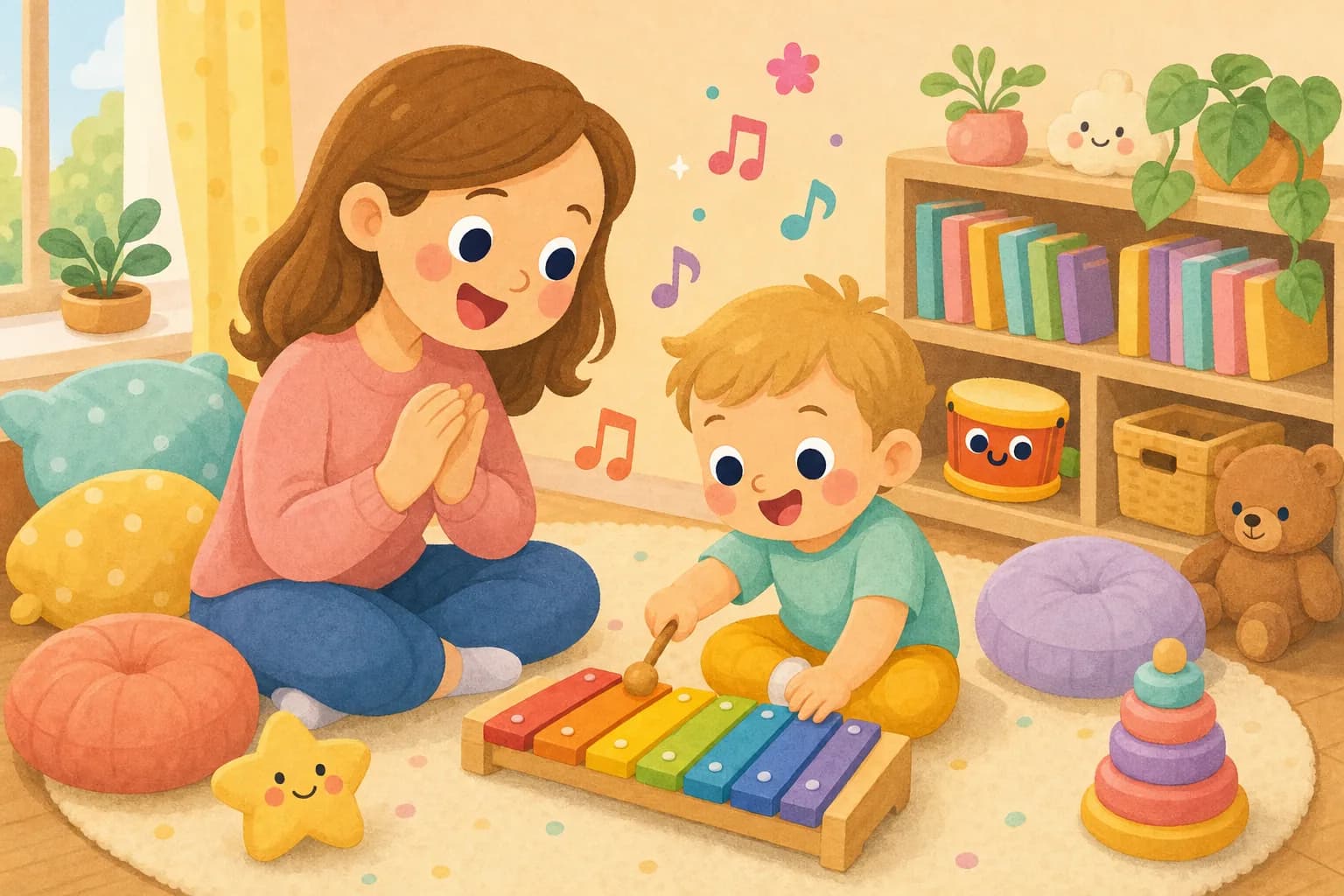 Cartoon illustration of a parent singing beside a toddler tapping a colourful xylophone on a play rug, with music notes floating around