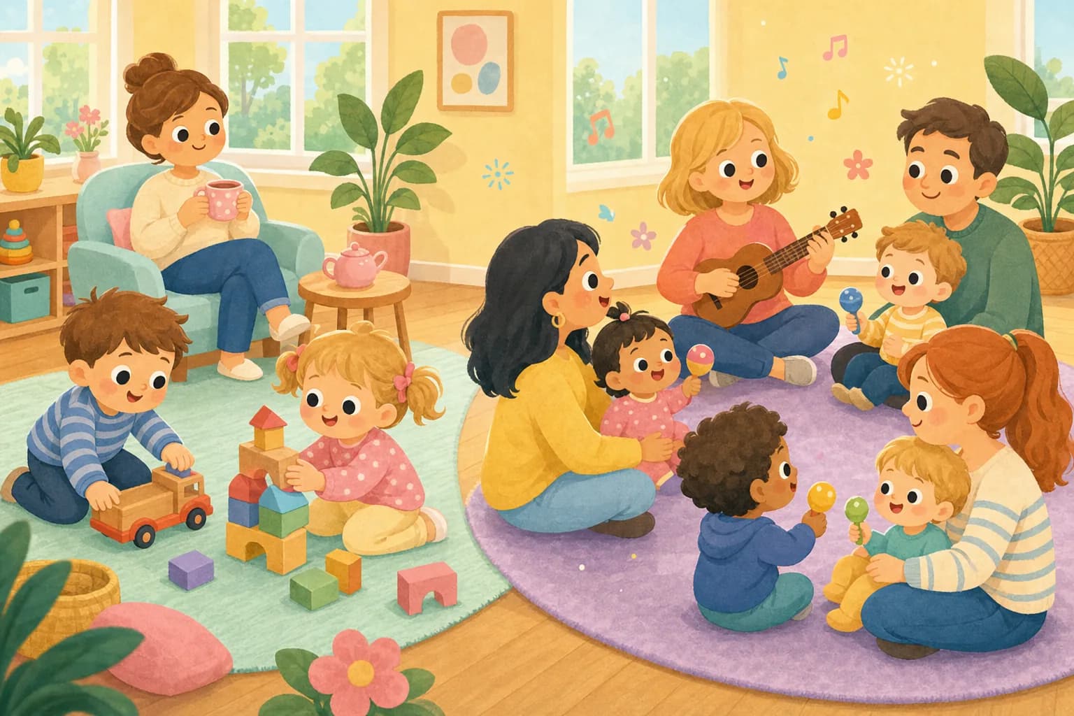 Cartoon illustration of a bright community room where some toddlers play with blocks while others sit in a circle with a teacher playing ukulele