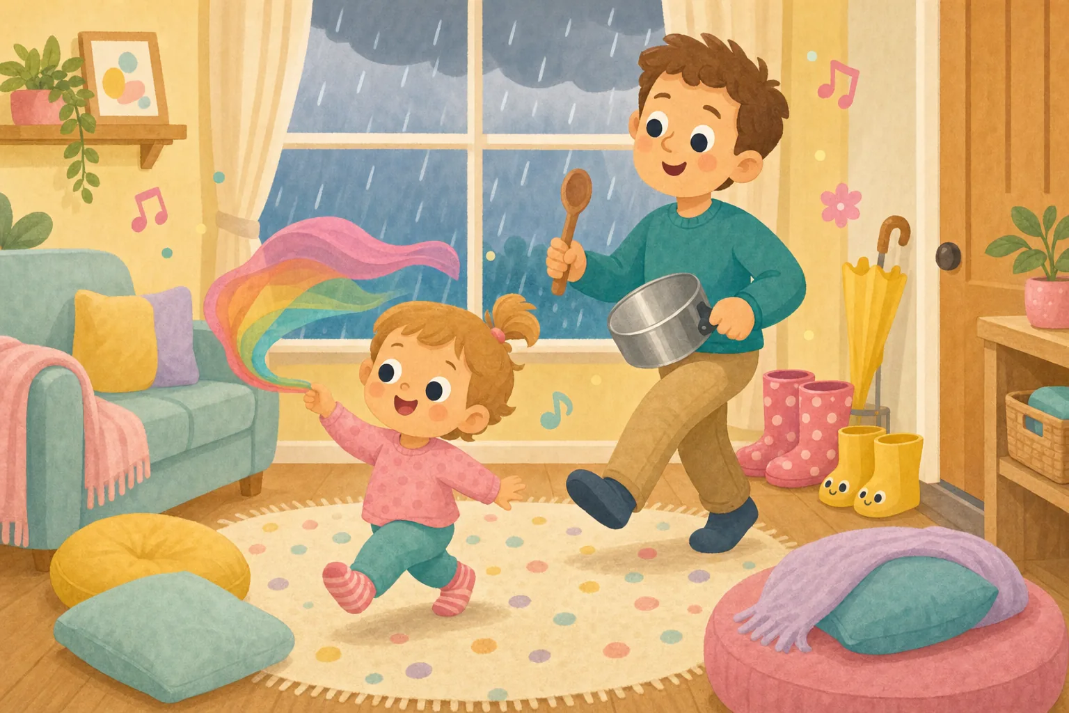 Cartoon illustration of a toddler and parent marching around a living room with a scarf and a pot drum while rain falls outside the window
