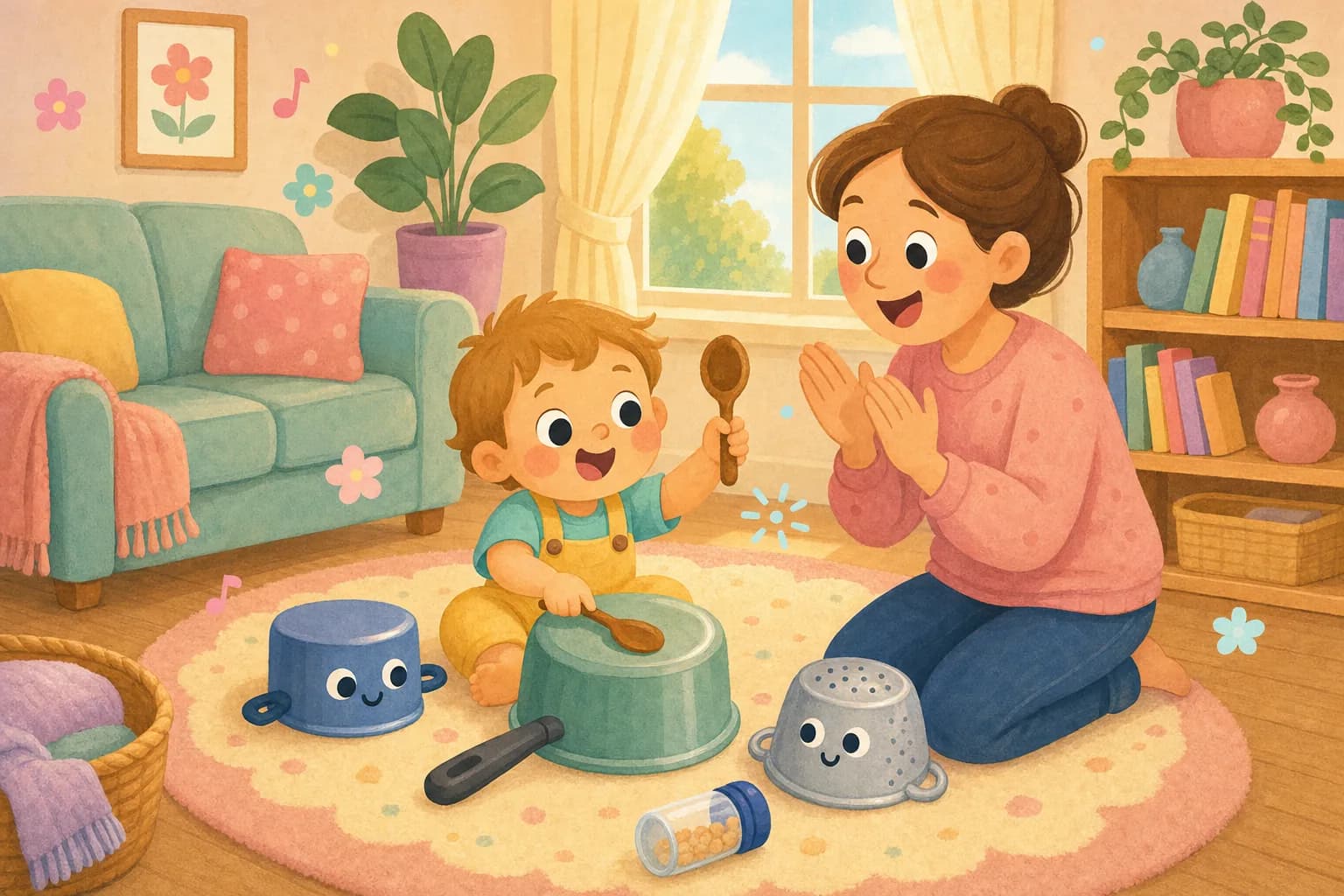 Cartoon illustration of a toddler drumming on an upturned pot with a wooden spoon while a parent claps along in a cosy living room