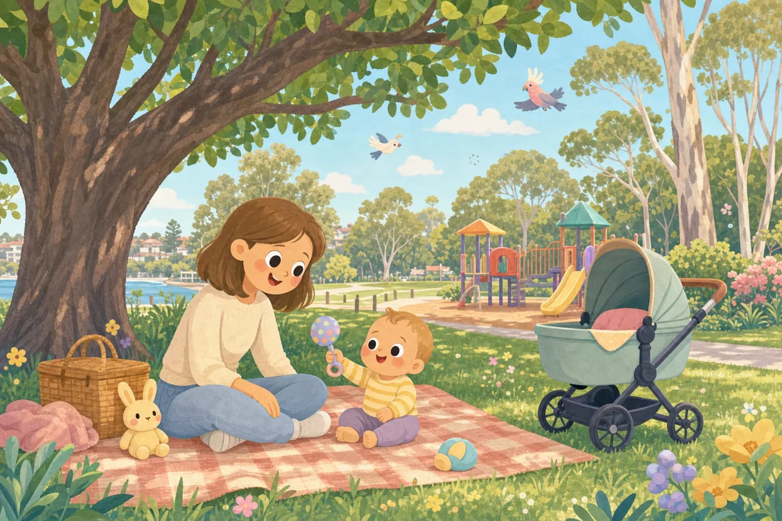 Cartoon illustration of a parent and baby on a picnic rug under a big shady tree in a Sydney park, the baby shaking a little rattle