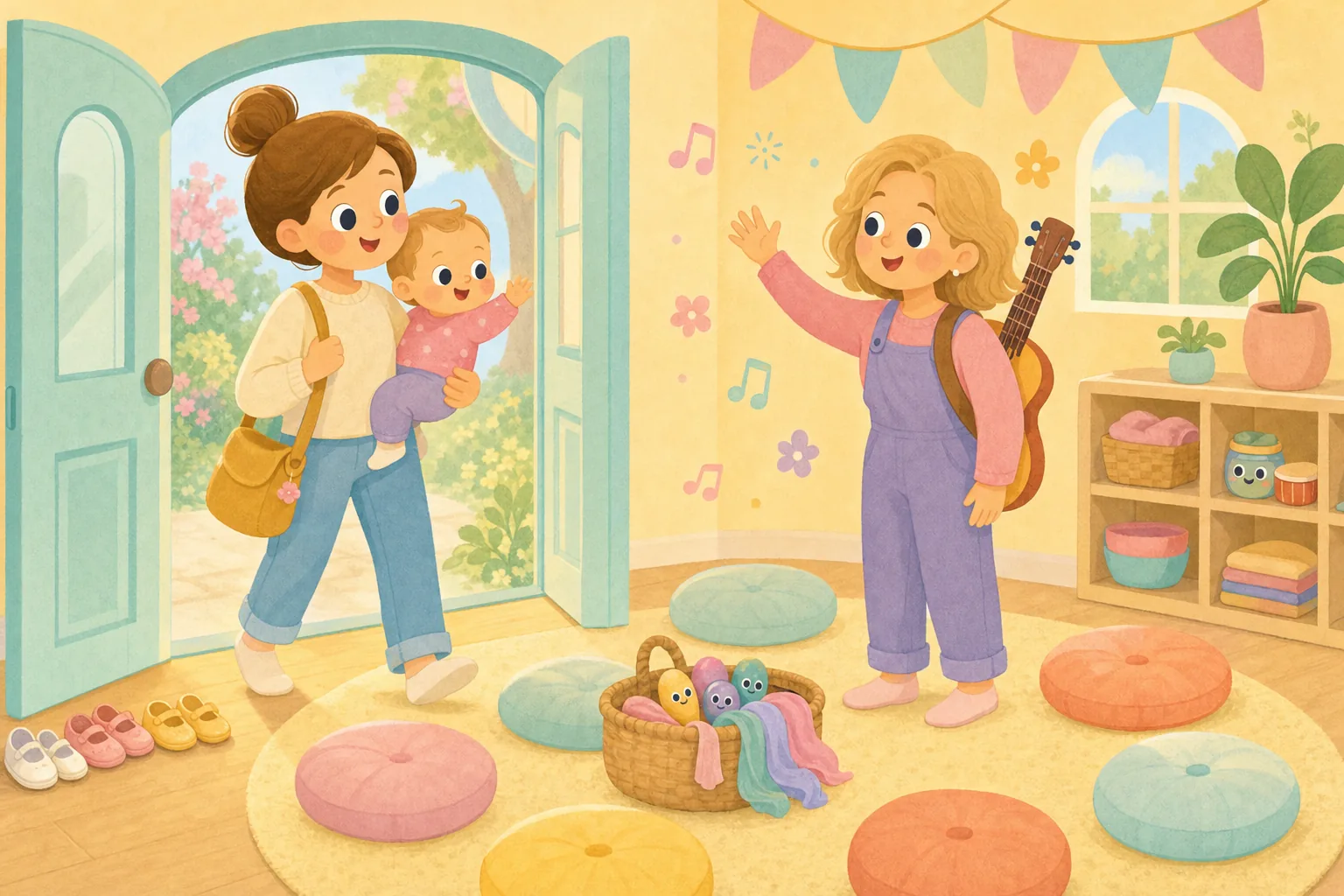 Cartoon illustration of a parent carrying a baby into a bright music room with floor cushions, a basket of shakers and a teacher waving hello